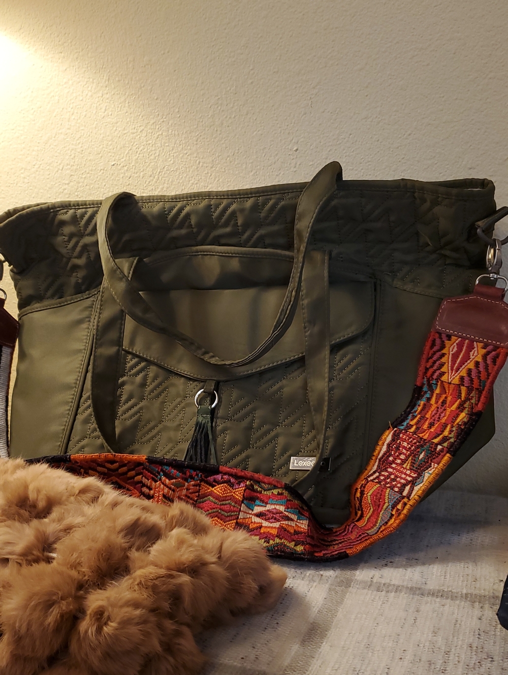 LEXEECO Olive Quilted Tote Bag with Colorful Strap By Maria's Artisian Shop